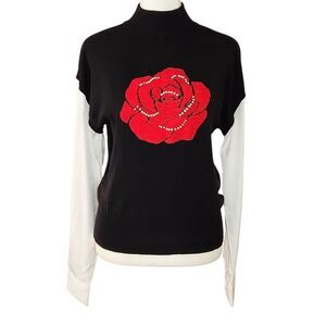 On Twelfth Layered Look Black Mock Neck Sweater Pearl Embellished Red Rose S